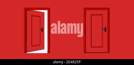 Opening door and closed door on red room wall, , expectation concept, choice and opportunity door concept. Two doors in different or opposed position. Stock Photo