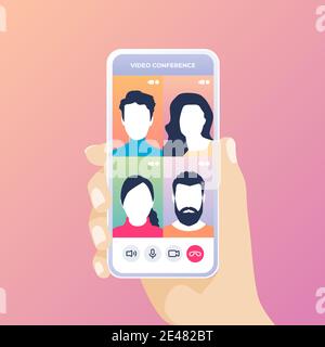 Hand holding phone talking together on video conference app phone call. Group call with friends, video conference communication. Stock Vector