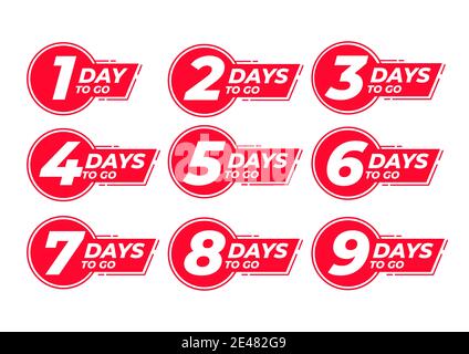 Countdown left days label. count time sale. Nine, eight, seven, six, five, four, three, two, one days left. Stock Vector