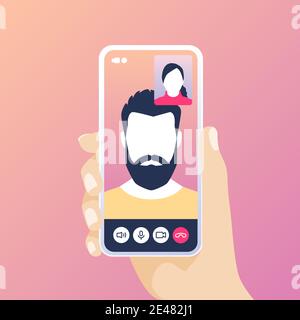 Hand holding smartphone with video call. Stock Vector