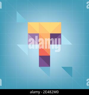 Geometric colored letter T from the alphabet consisting of triangles on light blue background Stock Vector