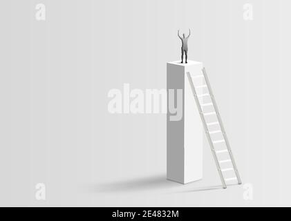 One Guy Standing on top high of one bar column, challenge and self-improvement concept Stock Photo