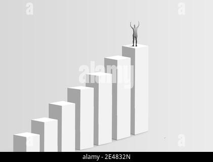 Guy stands on top of Graph column stair rising his hands as a sign of success mission and goals achievements, white monochrome design. 3D rendering Stock Photo