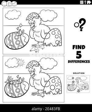 Black and white cartoon illustration of finding the differences between pictures educational game for children with Easter chicks hatching from eggs c Stock Vector