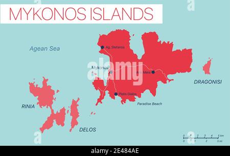 Mykonos island detailed editable map with cities and towns, geographic sites. Vector EPS-10 file Stock Vector