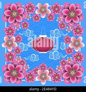 Chinese New Year. Chinese lantern, Chinese clouds, plum and peach flowers. Frame, blue background with pattern Stock Vector