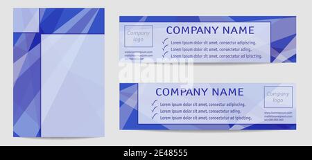 Brochure cover A4 and two banners in blue. Set of vector layouts, templates for book, poster. Geometric background with transparent triangles. EPS10 Stock Vector