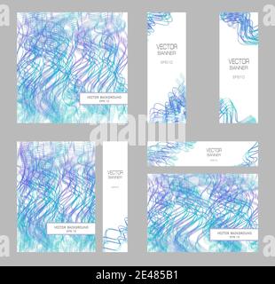 Brochure A4, square template, 4 banners. Purple, teal squiggly lines. Layout design for cover, poster, abstract pattern. Vector background. EPS10 Stock Vector