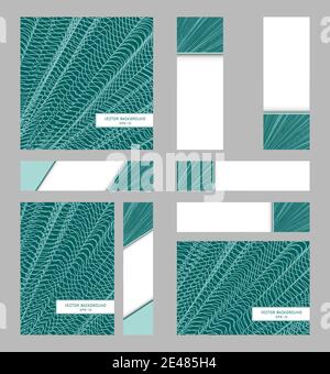 Set of 9 layouts. A4 and square covers, 6 banners. Turquoise background, neon net. Vector templates for brochure, poster, book. Line art design. EPS10 Stock Vector