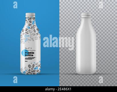 Vector realistic mockup of white plastic bottle with label. Universal template for different volumes in milliliters on transparent and colored backgro Stock Vector