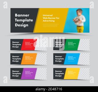 Vector horizontal web banner templates with diagonal color elements and place for photo. Design standard size. Set Stock Vector