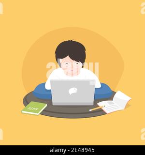 Distance learning solutions. Cute little boy using laptop for online education at home. Learn at home concept. Stock Vector