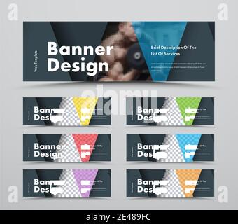Set of horizontal web banners with triangular intersecting elements and space for photo. Standard size templates with color transparent elements. Stock Vector
