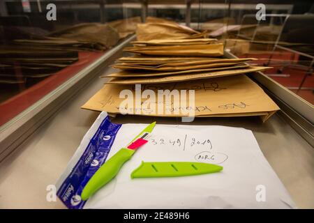 Pieces of evidence pictured during the first day of the assizes trial of Iranian Said Subhan Khawri (21) before the Assizes Court of East-Flanders in Stock Photo