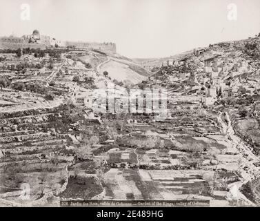 Vintage 19th century photograph: Garden of the Kings, Valley of Gehanna. Gehenna or Gehinnom  is thought to be a small valley in Jerusalem. In the Hebrew Bible, Gehenna was initially where some of the kings of Judah sacrificed their children by fire. Holy Land, Palestine, modern Israel. Stock Photo