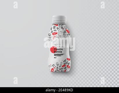 Vector realistic mockup  of white plastic curly bottle for beverage top view. Universal template for the presentation of the design of packaging milk, Stock Vector