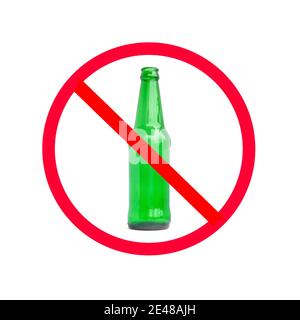 The red circle with slash on the glass bottle of alcohol on white background; concept for stop drinking. Stock Photo