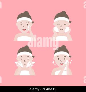 Steps how to cleaning face. Woman with step of clean and care her face. Stock Vector