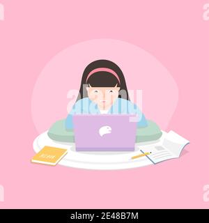 Distance learning solutions. Cute little girl using laptop for online education at home. Learn at home concept. Stock Vector