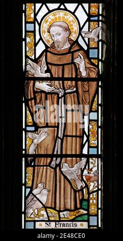 A stained glass window depicting Saint Francis of Assisi, Exford Church, Somerset, England Stock Photo