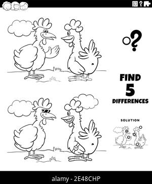 Black and white cartoon illustration of finding the differences between pictures educational game for children with two hens or chickens coloring book Stock Vector