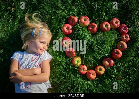 Child girl on the grass with heart shape from fresh apples Stock Photo