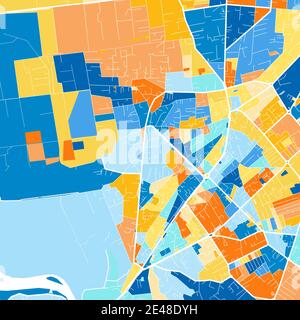 Color art map of  Shkoder, Albania iin blues and oranges. The color gradations in Shkoder   map follow a random pattern. Stock Vector