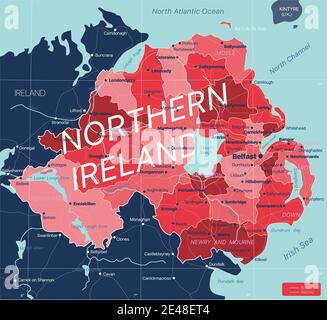 Nothern Ireland country detailed editable map with regions cities and towns, roads and railways, geographic sites. Vector EPS-10 file Stock Vector