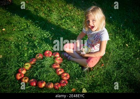 Child girl on the grass with heart shape from fresh apples Stock Photo