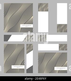Set of A4 and square cover templates, 6 banners. Layouts for promotion materials. Corporate identity. Vector gray background, yellow wavy lines. EPS10 Stock Vector