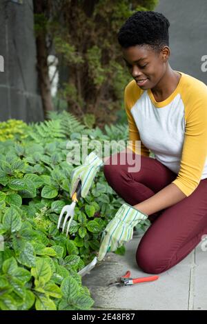 African american woman wearing gardening gloves gardening in the garden Stock Photo
