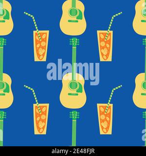 Beach party vector seamless pattern background. Tropical color backdrop with lemonade or cocktail drinks glasses and guitars. Fiesta themed Stock Vector