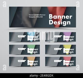 set of black web banners of a standard size in the style of material design with triangular elements for a photo. Templates with colored dies. Vector Stock Vector