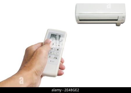 Hand holding the remote control to control the air conditioning isolated on white background. Stock Photo