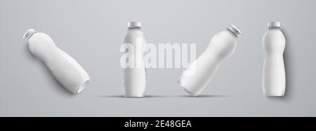 Four mockup plastic white bottle from different angles. White color templates isolated on background for presentation of label design. Stock Vector