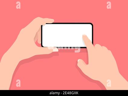 Man two hands holding mobile smart phone in horizontal position with blank screen. Stock Vector