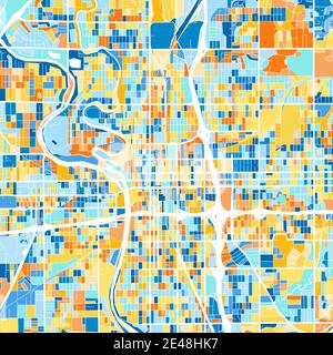 Color art map of  Wichita, Kansas, UnitedStates in blues and oranges. The color gradations in Wichita   map follow a random pattern. Stock Vector