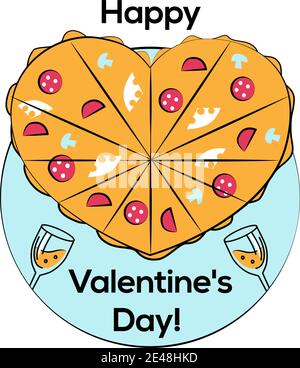 Heart shaped Pizza and two glasses of wine Stock Vector