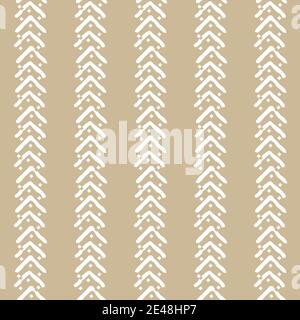 White Seamless vertical repeat border pattern with small jagged lines and squares, incomplete triangles, square brackets shape on beige background Stock Vector