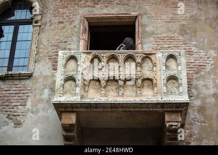 Juliet balcony in Verona. Romeo and Juliet is a tragedy written by William Shakespeare. This place is the main tourist attraction in Verona. Stock Photo