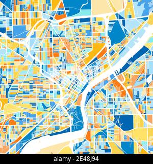 Color art map of  Toledo, Ohio, UnitedStates in blues and oranges. The color gradations in Toledo   map follow a random pattern. Stock Vector