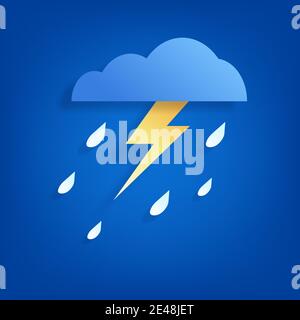 Sky and lightning in the rainy season. Paper art cloud and rain on blue background. Stock Vector