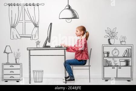 Little girl working in room sketch Stock Photo