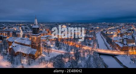 Panorama aerial view of the city skyline at winter night in Turku, Finland Stock Photo