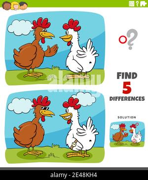 Cartoon illustration of finding the differences between pictures educational game for children with two hens or chickens Stock Vector