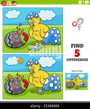 Cartoon illustration of finding the differences between pictures educational game for children with Easter chicks hatching from eggs Stock Vector