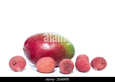 Mango and lychee on isolated white background Stock Photo