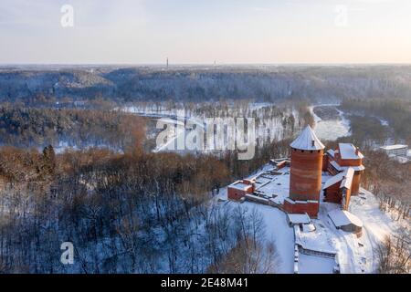 Aerial view of the famous Turaida castle at sunrise in winter Stock Photo