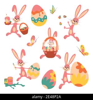XB. Cute Easter bunny holds a basket and cake, juggles with Easter eggs, decorates an Easter egg, throws eggs, hugs a basket, rolls an egg. Vector ill Stock Vector