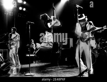 AMSTERDAM, NETHERLANDS - NOVEMBER 23: Bruce Springsteen performs live on stage at RAI Congres Hall in Amsterdam, Holland on November 23 1975 during his Born To Run tour with the E Street Band (Photo by Gijsbert Hanekroot) Stock Photo